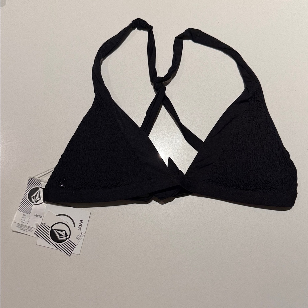 Volcom Mother Tucker Smocked X-Back Halter Black Textured Bikini Top